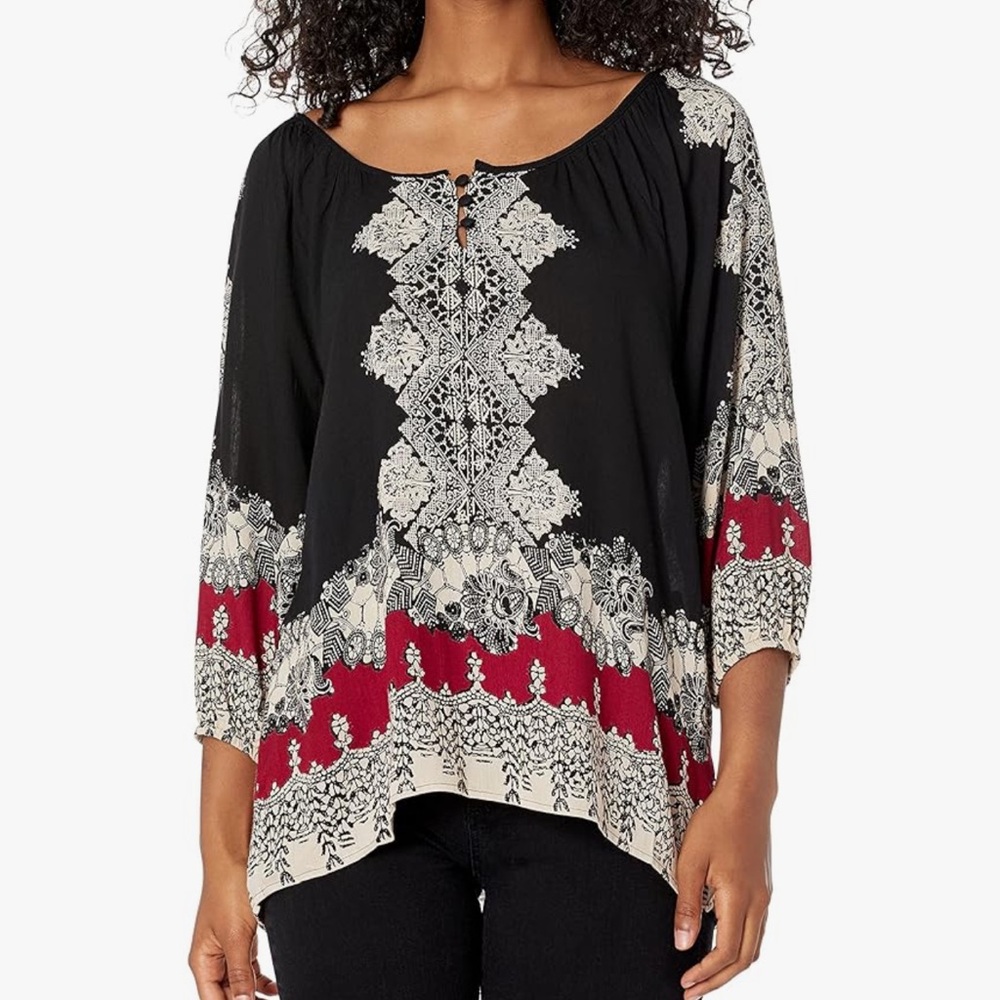 Angie Boho Patterned Blouse Top Shirt NWT Small Black Red Cream